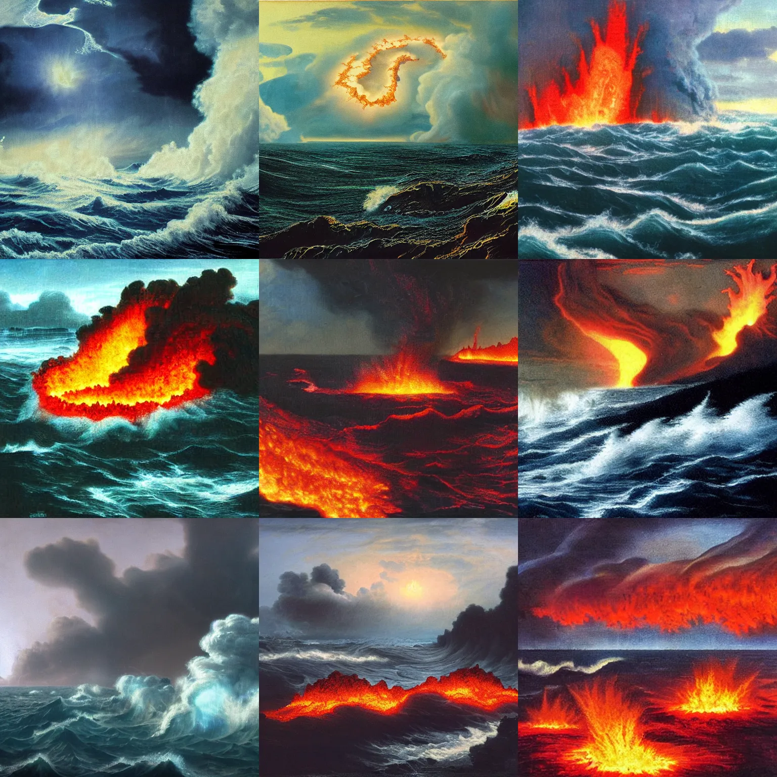 Prompt: a masterpiece matte painting of a turbulent ocean of lava