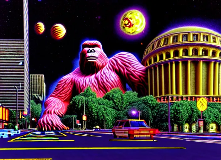 Image similar to maximalist 3 d render of giant bigfoot destroying washington dc, debris and fire, collapsed buildings, monster, hyperdetailed against a psychedelic surreal background in the style of 1 9 9 0's cg graphics against the cloudy night sky, lsd dream emulator psx, 3 d rendered y 2 k aesthetic by ichiro tanida, 3 do magazine, wide shot