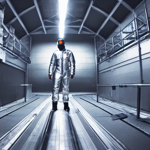 Image similar to mysterious man in silver space suit, walking on a small industrial catwalk, floating in the darkness of space, with a black background, photograph, wide angle, long shot