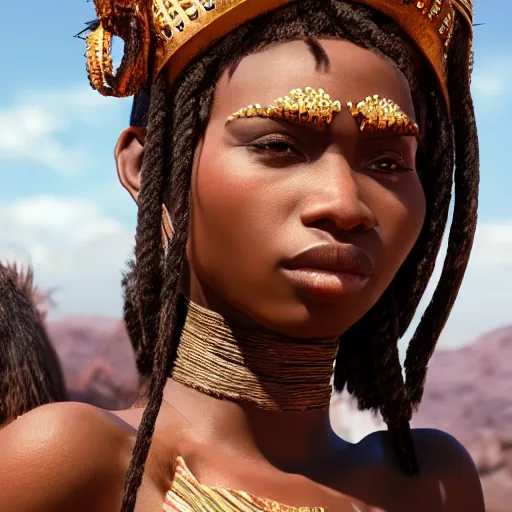 Image similar to a beautiful Zulu princess, epic, epic lighting, character portrait, james gurney, character concept style trending on artstation, detailed face, concept art, detailed, octane render cinematic, photo-realistic, 8k, high detailed