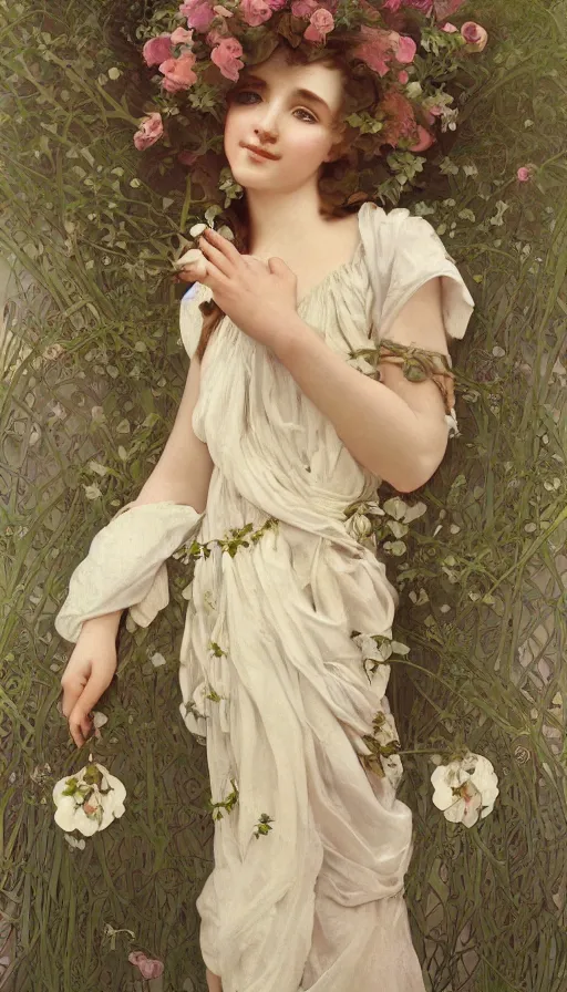 Image similar to elegant, cute girl portrait with open chest white ancient clothes with flovers by alphonse mucha, and octane render