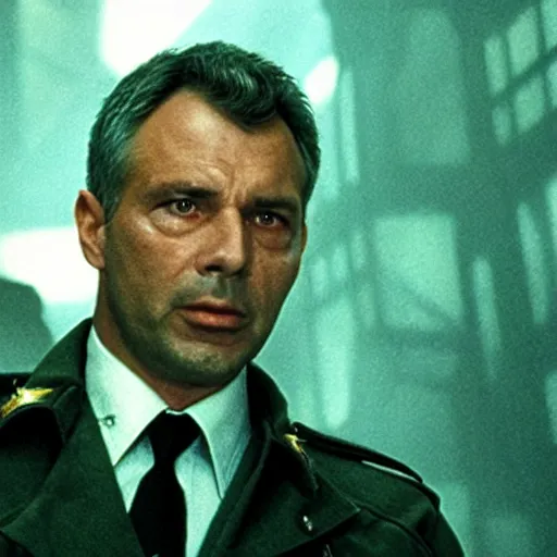 Image similar to film still blade runner with officer Deckard played by Viktor Orban