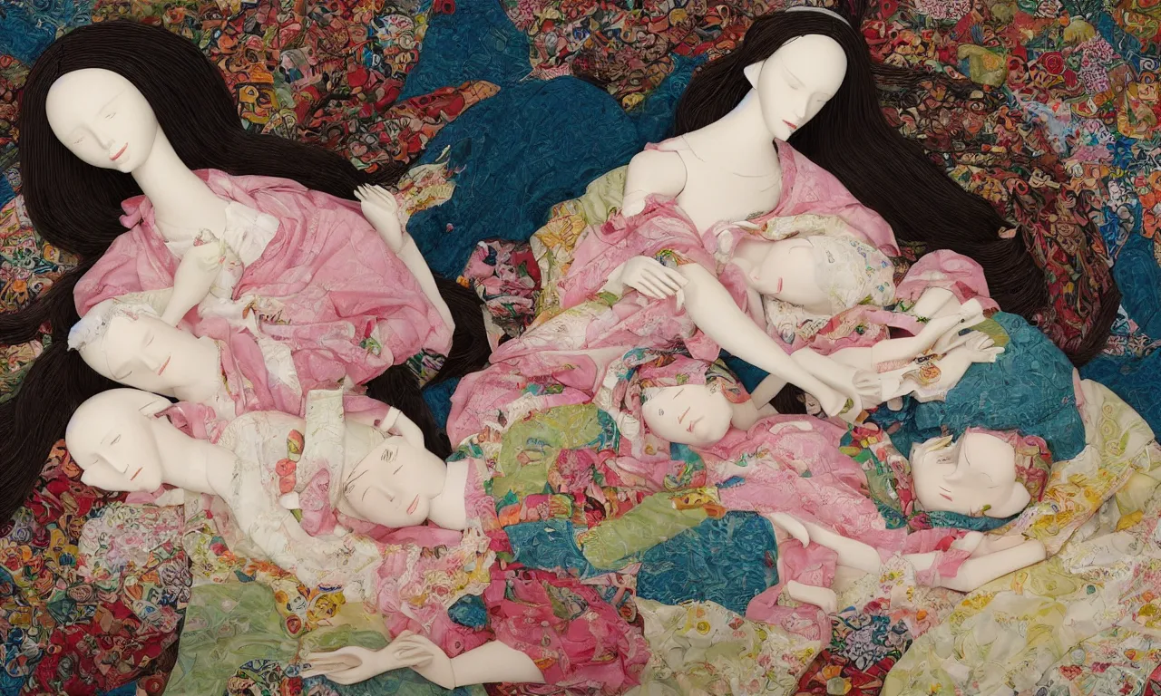 Image similar to a portrait of a beautiful female mannequin, a jointed wooden art doll with long flowing hair, sleeping on a patchwork quilt with a cat asleep next to her, cats sleeping, by Raphael, by Chiho Aoshima