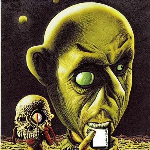 Image similar to a house with big eyes, by richard corben. pulp horror art, comic book art