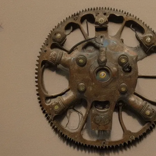 Prompt: a martian artifact in a museum, bronze, old, alien, mechanical, gears