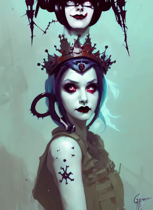 Image similar to portrait of cute goth harley quinn girl with crown of thorns, warhammer, cyberpunk, by atey ghailan, by greg rutkowski, by greg tocchini, by james gilleard, by joe fenton, by kaethe butcher, dynamic lighting, gradient light blue, brown, blonde cream and white color in scheme, grunge aesthetic