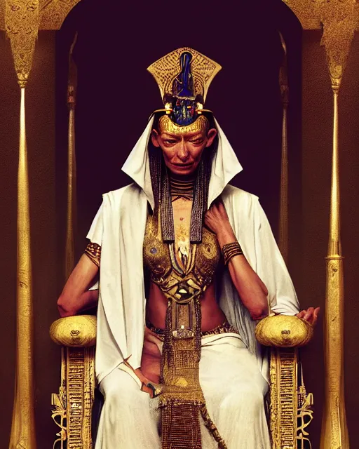 Image similar to tilda swinton as a dark - skinned egyptian pharao sitting on a throne, intricate, elegant, highly detailed, digital painting, artstation, concept art, matte, sharp focus, illustration, art by anders zorn and greg rutkowski and alphonse mucha