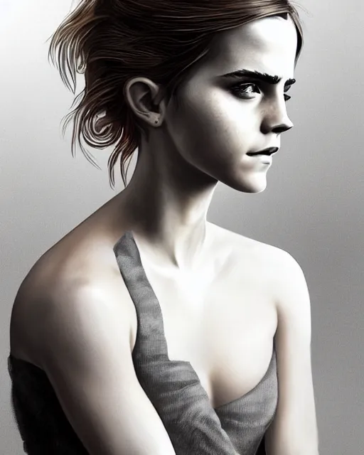 Image similar to clear portrait of emma watson, somber appearance, ripped clothing, looking her shoulder, background hyper detailed, character concept, full body, dynamic pose, intricate, elegant, highly detailed, digital painting, artstation, concept art, smooth, sharp focus, illustration, art by artgerm and greg rutkowski and alphonse mucha