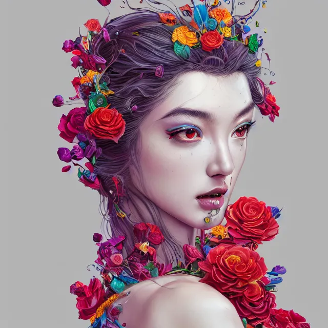 Image similar to studio portrait absurdly beautiful, elegant, graceful, young hypercolorful rainbow sensual gravure idol rubies red petals gems, ultrafine hyperrealistic detailed face illustration by kim jung gi, irakli nadar, intricate linework, sharp focus, bright colors, matte, octopath traveler, final fantasy, unreal engine highly rendered, global illumination, radiant light, intricate environment