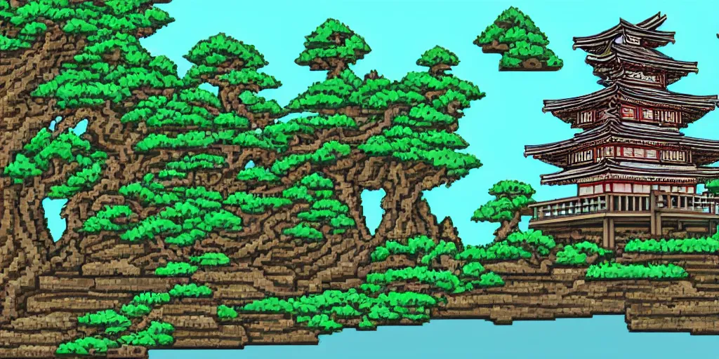 Image similar to old japanese landscape with pagoda, curved trees and rocks, detailed, pixel art