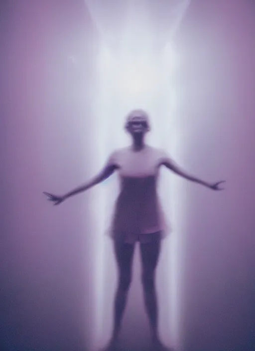 Prompt: a symmetrical female ascending astral projection, liquid glowing aura, motion blur, long exposure, film grain, cinematic lighting, experimental film, shot on 1 6 mm