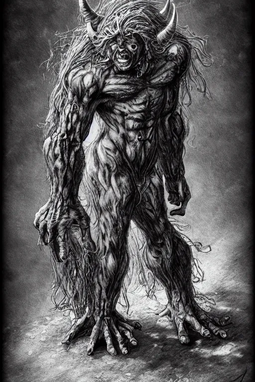 Image similar to humanoid hunched figure troll with 1 horn, fantasy, highly detailed, digital art, sharp focus, trending on art station, kentaro miura manga art style