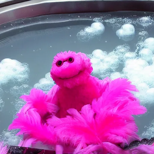 Prompt: hot pink feather boa muppet in bubble bath wit bubbles floating in the air