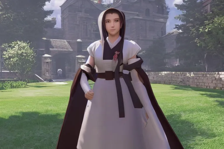 Prompt: Aerith gainsborough dressed as a catholic nun, FFVII Remake, in game screenshot, hq