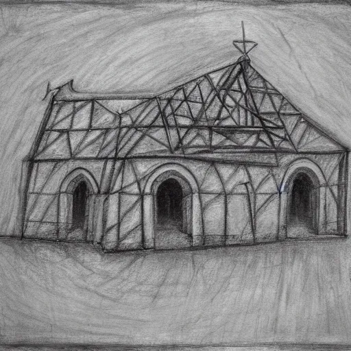 Prompt: lineart of a medieval building in a field, white charcoal, black canvas, wide shot