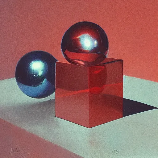 Prompt: chrome spheres on a red cube by albert edelfelt