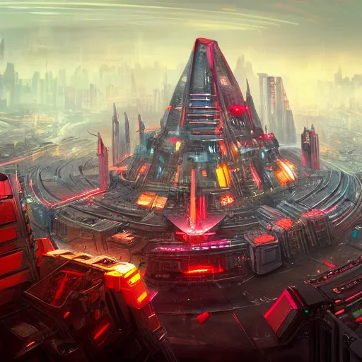 Prompt: futuristic city, with one massive metal pyramid in the center, neonpunk, dystopian, scifi, intricate, detailed red lighting, concept art, trending on artstation