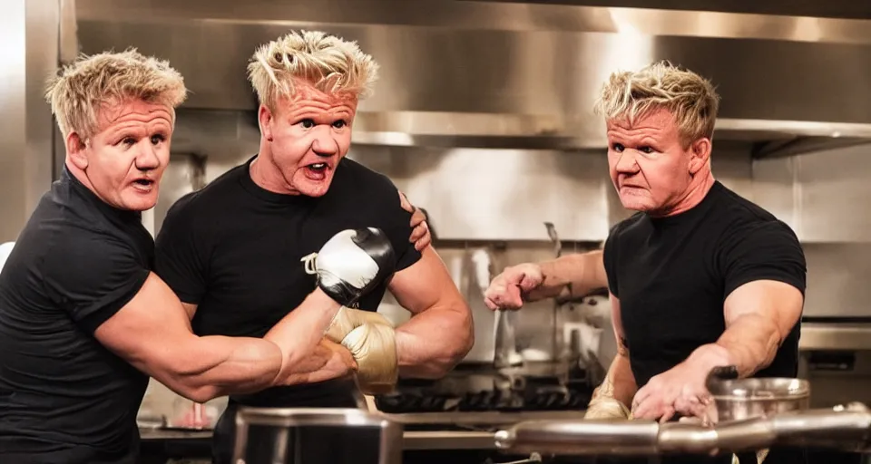 Image similar to photo of angry furious Gordon Ramsay punching Gordon Ramsay at the kitchen