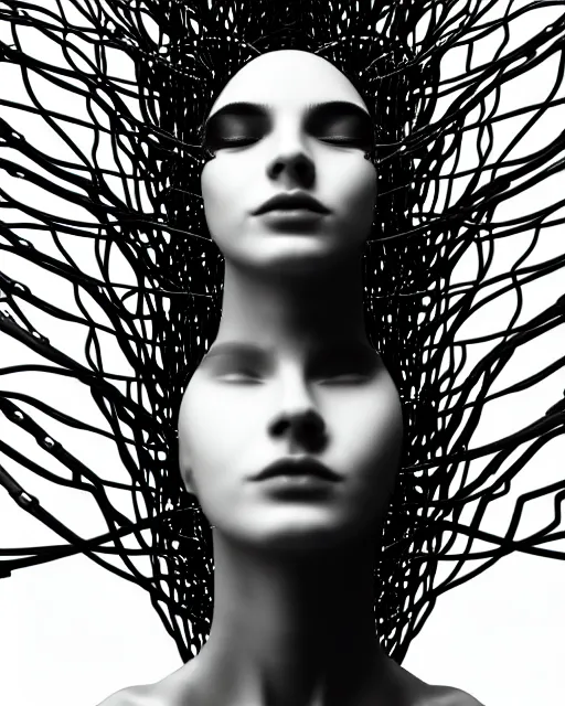 Image similar to black and white dreamy spiritual connected young female cyborg - plant goddess high quality photo, microchip, artificial intelligence, bio - mechanical bio - luminescence, black wired cables, neurons, nerve cells, cinematic, rim light, photo - realistic, elegant, high detail, 8 k, masterpiece, high fashion