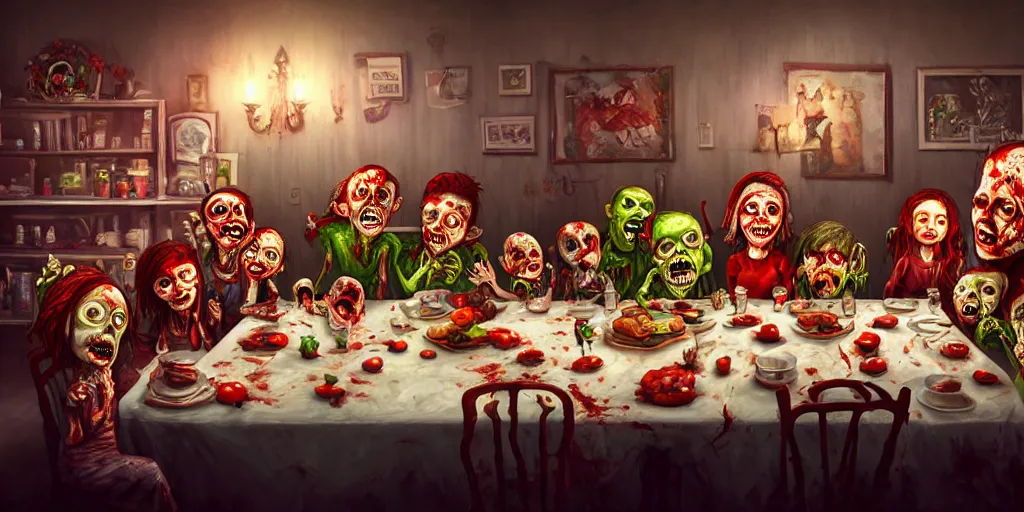 Image similar to a zombie family christmas diner, wide angle, super highly detailed, professional digital painting, artstation, concept art, smooth, sharp focus, no blur, no dof, extreme illustration, unreal engine 5, photorealism, hd quality, 8 k resolution, cinema 4 d, 3 d, beautiful, cinematic, art by tim burton