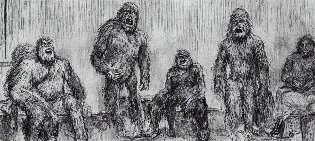 Prompt: Courtroom photograph of Big Foot testifying against a hunter