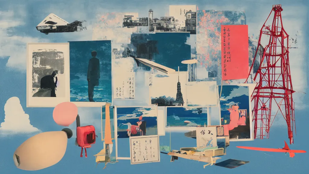 Image similar to an arrangement of traveller explorer props, japan, a collage painting, in the style of wes anderson, lola dupre, david hockney, isolated on negative white space background dark monochrome neon spraypaint accents volumetric octane render