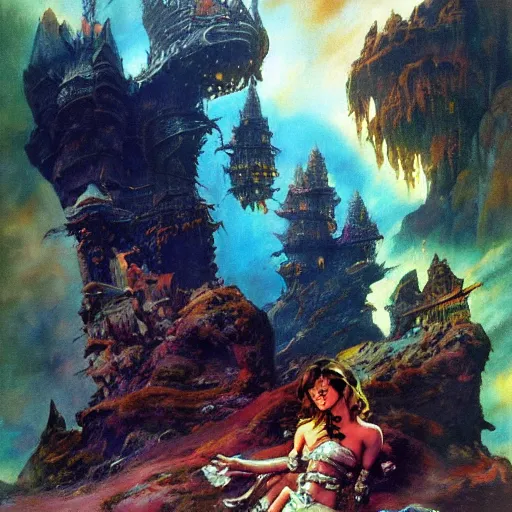 Image similar to princess of the dreamlands, cyclopean city, beautiful! coherent! by mariusz lewandowski, by frank frazetta, deep colors, strong lines, high contrast