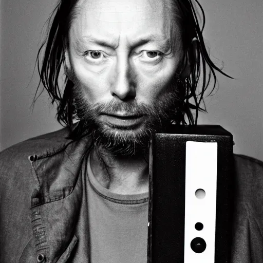 Prompt: Thom Yorke, a man with a beard and a black jacket with a vintage radio instead of his head, a portrait by John E. Berninger, dribble, neo-expressionism, uhd image, studio portrait, 1990s