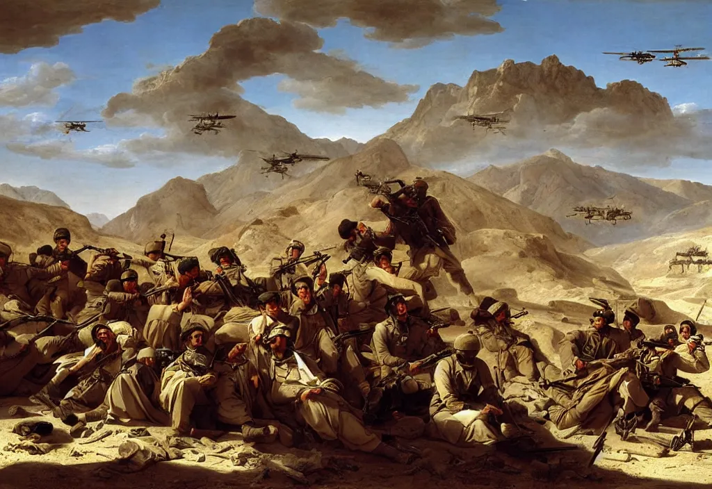 Image similar to afghanistan war portrait by jacques - louis david, desert, us army, battlefield, helicopters firing, bombs