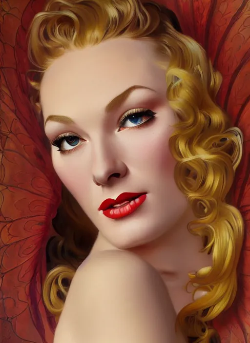 Prompt: veronica lake detailed clothing, half body shot, arms down, path traced, highly detailed, high quality, digital painting, rolf armstrong, karol bak, alphonse mucha, tom bagshaw