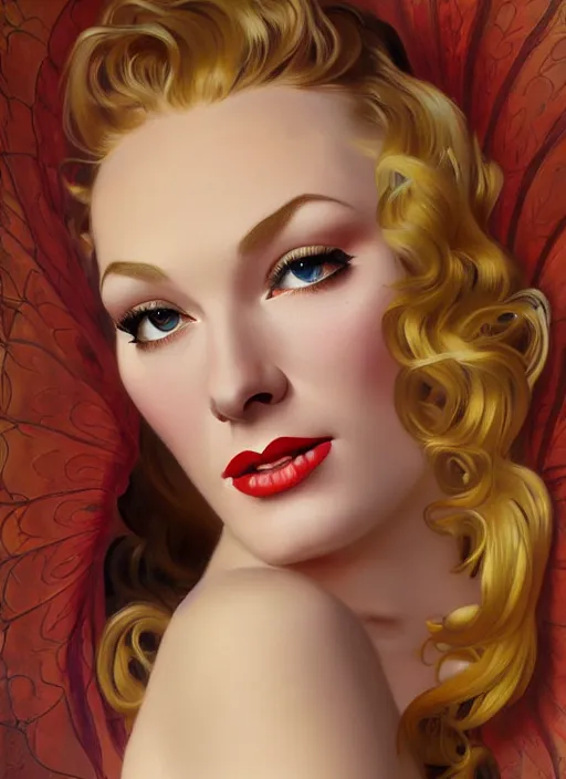 Image similar to veronica lake detailed clothing, half body shot, arms down, path traced, highly detailed, high quality, digital painting, rolf armstrong, karol bak, alphonse mucha, tom bagshaw