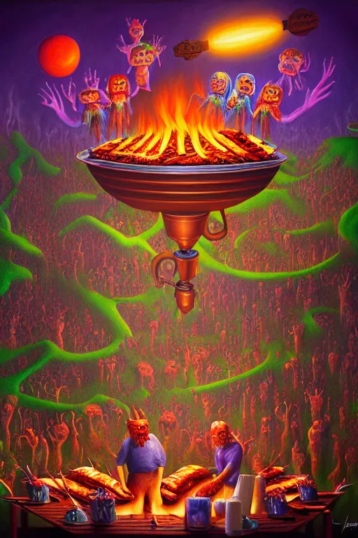 Image similar to a photorealistic painting of an isometric nightmare at the bbq horror by johfra bosschart, lisa frank, dark fantasy art, high detail, trending on artstation