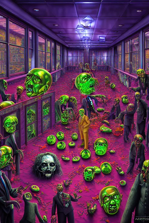 Prompt: a photorealistic painting of the transparent glass isometric nightmare zombie horror ballroom electronic chemistry by johfra bosschart, lisa frank, dark fantasy art, high detail, trending on artstation