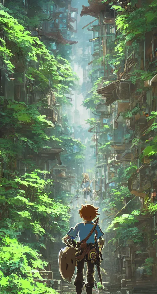 Image similar to animation concept art, Breath of the wild + studio ghibli style, Shinkai Makoto, yoji shinkawa, amazing steampunk alleyway between Japanese temples of Kyoto, mysterious, lush vegetation and fern, rule of thirds, dramatic lighting, landscape, beautiful, gorgeous, hyper detail, 8k, octane render, animated art, cinematic, trending on artstation