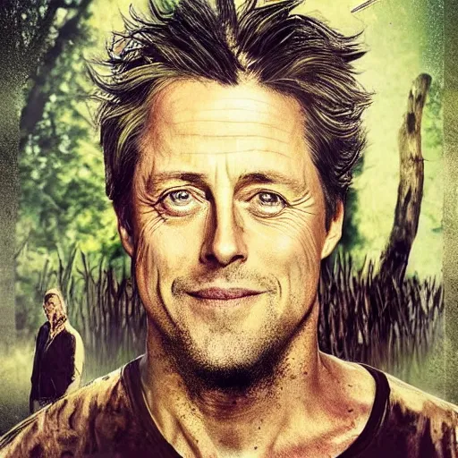 Image similar to hugh grant man vs wild, born survivor, face with beard, forest, fear, worms, bonfire, mud, man in white t - shirt, art by edwardsles,