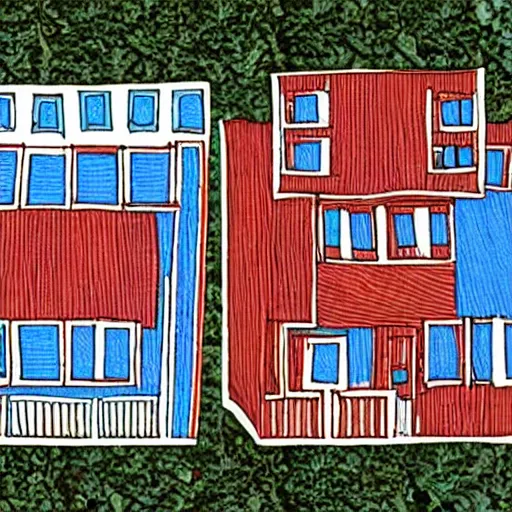 Prompt: two homie houses, the first is mostly red and drawn only from straight lines, the second is mostly blue and drawn only from round curvy lines