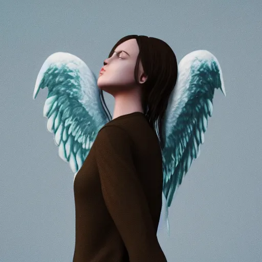 Image similar to a beautiful woman with angel wings a cloudy background, 3 d render octane, trending on artstation