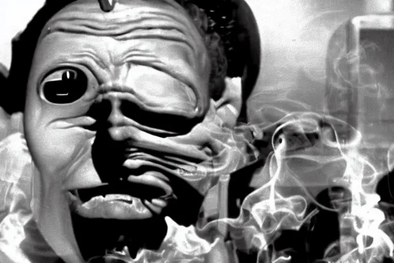 Prompt: a subgenius with smoking pipe is shocked and sees an alien on his television in his living room. sparks and smoke come out of the television. film still from 1 9 5 0 s sci - fi