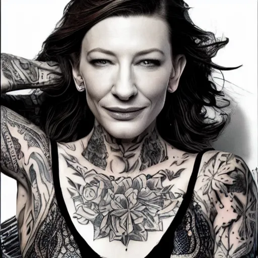 Image similar to full body tattooed cate blanchett, nose ring, 4k