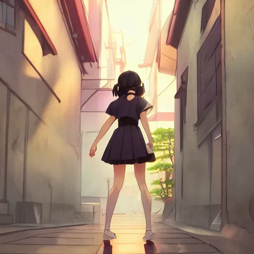 Image similar to a beautiful girl with dark hair walking down a japanese style street, ambient lighting, dynamic lighting, 4k, official media, anime key visual, makoto shinkai, ilya kuvshinov, rossdraws, detailed, trending on artstation