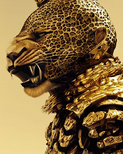 Prompt: hyper realistic king of babilon with the head of leopard full gold armour, photorealistic, 3 d render cinema 4 d, 8 k texture, concept art by greg rutkowski, ilya kushinov, gaston bussiere, craig mullins