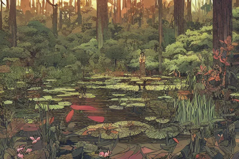 Image similar to a forest and the lily pond, that looks like it is from Borderlands and by Feng Zhu and Loish and Laurie Greasley, Victo Ngai, Andreas Rocha, John Harris