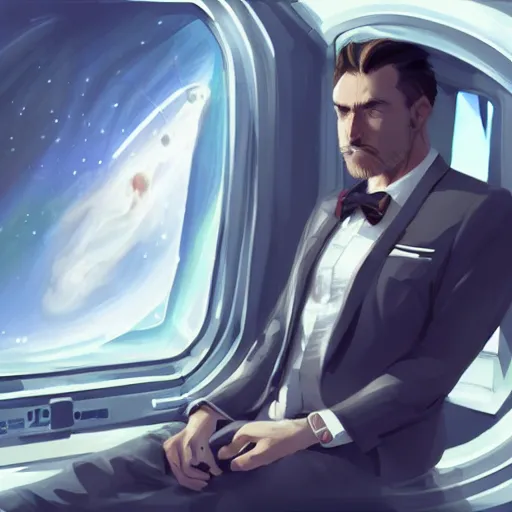 Image similar to A rich man in a suit looking out of the window of a space station ,D&D, elegant, hopeful, muscular, highly detailed, digital painting, artstation, concept art, smooth, sharp focus, illustration