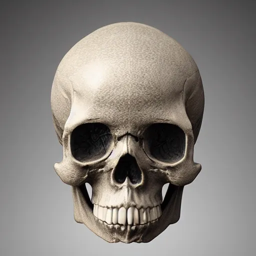 Prompt: gothic sculpture of skull with decorative baroque design, deep texture, intense detail, hyperealism, 4 k