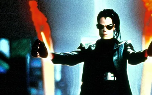 Image similar to Michael Jackson as Neo fighting Agent Smith, Still from The Matrix (1999)