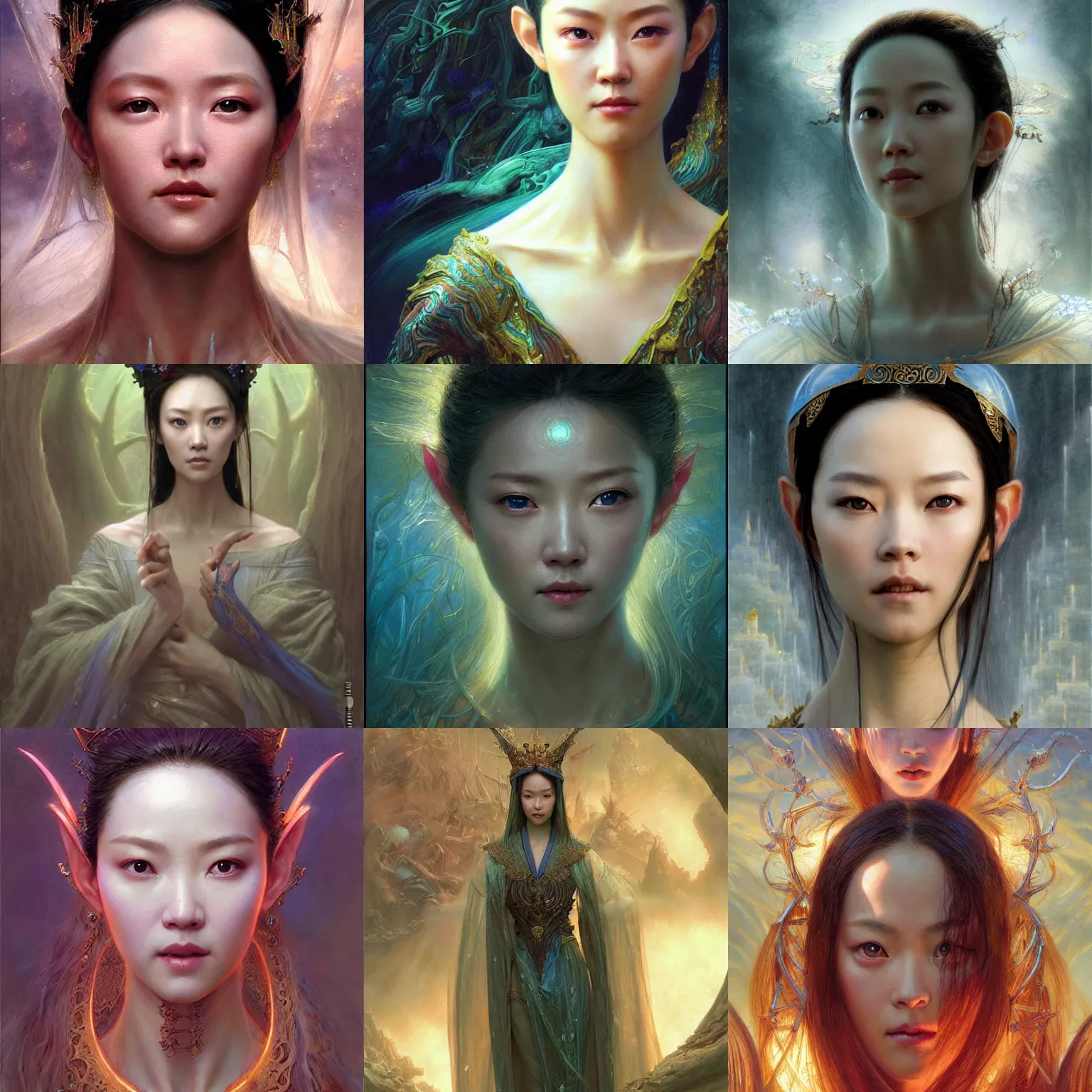 Prompt: a beautiful zhang ziyi elven princess, stuning 3 d render, masterpiece, glowing aura, by donato giancola and greg rutkowski and wayne barlow and zdzisław beksinski, realistic face