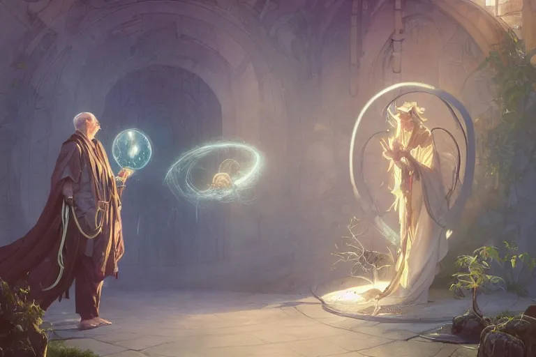 Image similar to an anthropomorphic Loxodon wizard wearing long flowing robes teaches his apprentice a new magical spell in front of a magical gateway to another universe, illustration by greg rutkowski, thomas kindkade, alphonse mucha, loish, norman rockwell, artstation, furaffinity