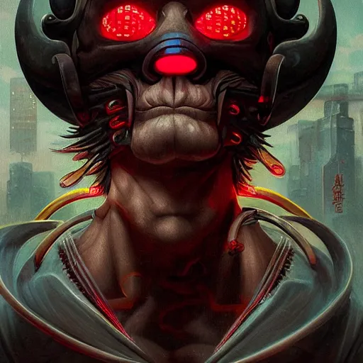 Prompt: portrait, cyberpunk japanese oni demon with horns, stern expression, cyberpunk 2 0 7 7, highly detailed, digital painting, artstation, concept art, smooth, sharp focus, illustration, artgerm, tomasz alen kopera, peter mohrbacher, donato giancola, joseph christian leyendecker, wlop, frank frazetta