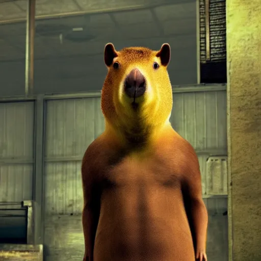 Prompt: capybara with a banana on top of its head. max payne game