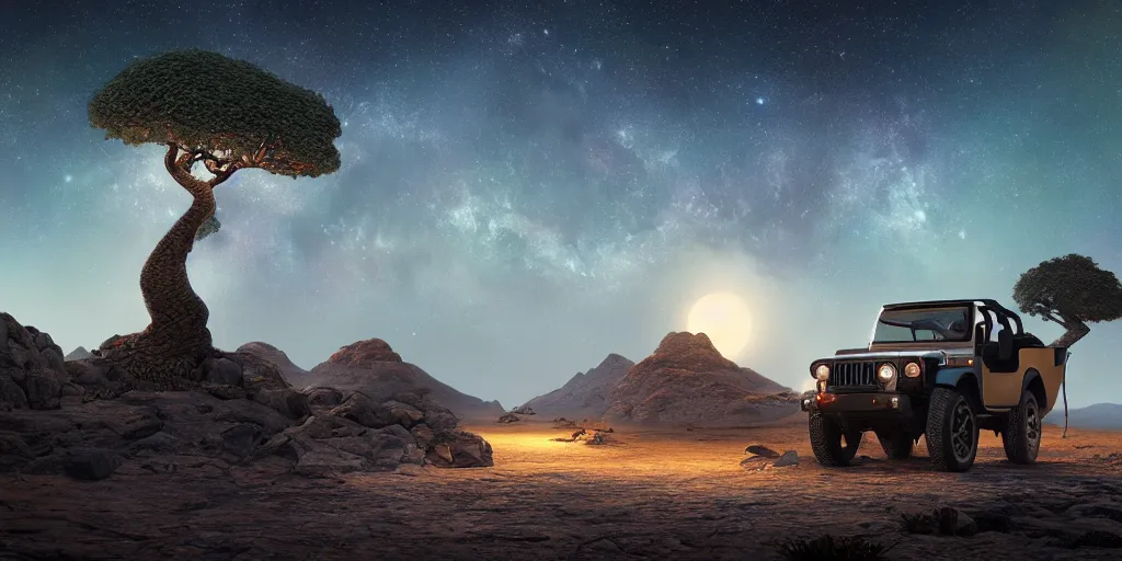 Image similar to mahindra thar at moonlit socotra island with dragon trees, starry night, sharp focus, wide shot, trending on ArtStation, masterpiece, by Greg Rutkowski, by Ross Tran, by Fenghua Zhong, octane, soft render, ultrarealistic, colorful, cinematic, shadow of the tomb rider